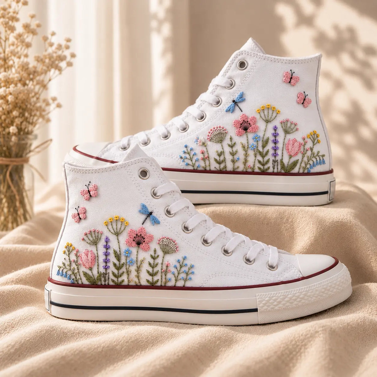 White Floral Embroidered High Top Sneakers