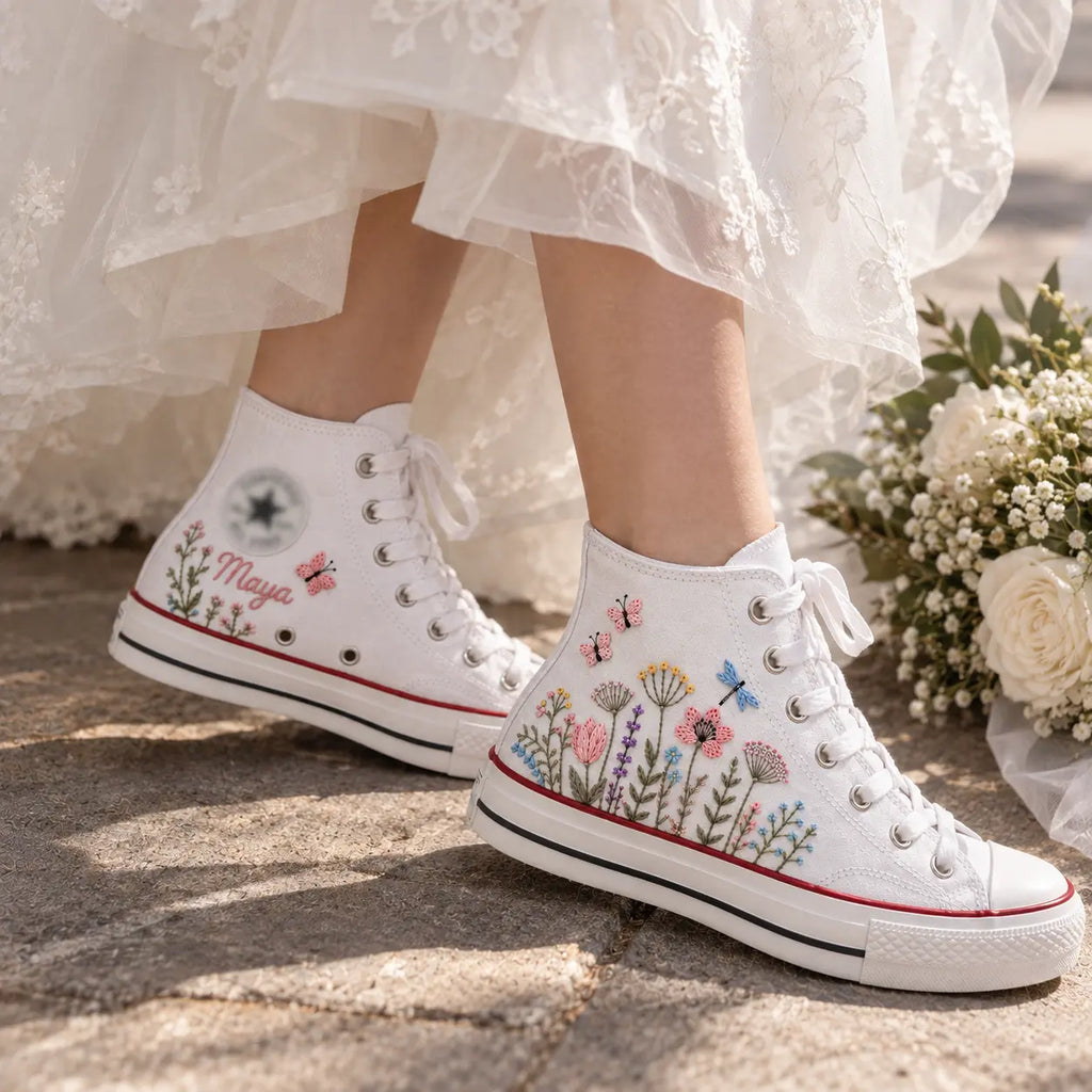 White Floral Embroidered High Top Sneakers
