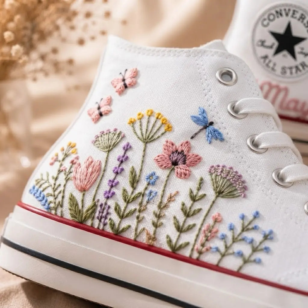 White Floral Embroidered High Top Sneakers